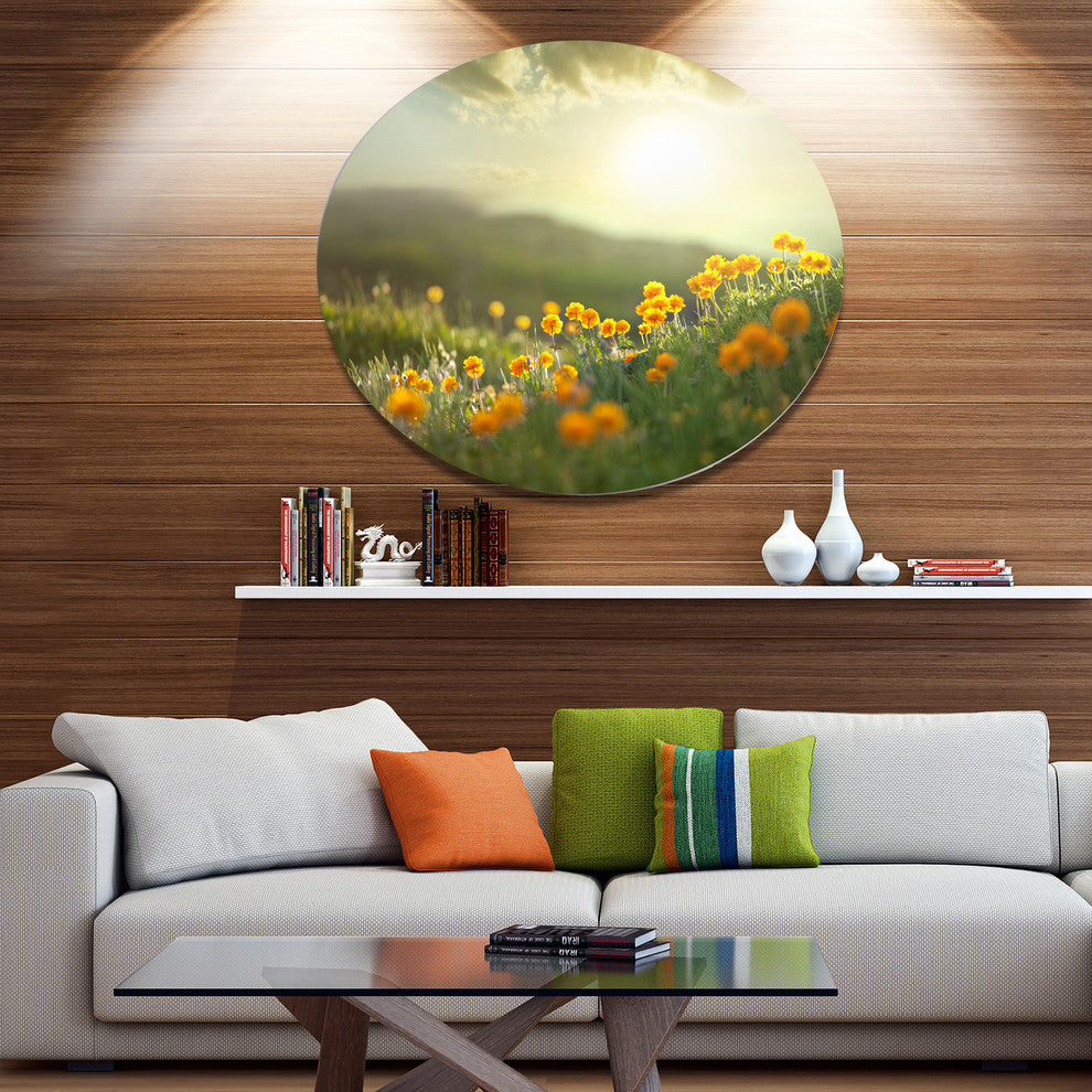 Yellow Flowers In Meadow At Morning, Flower Disc Metal Wall Art, 36"