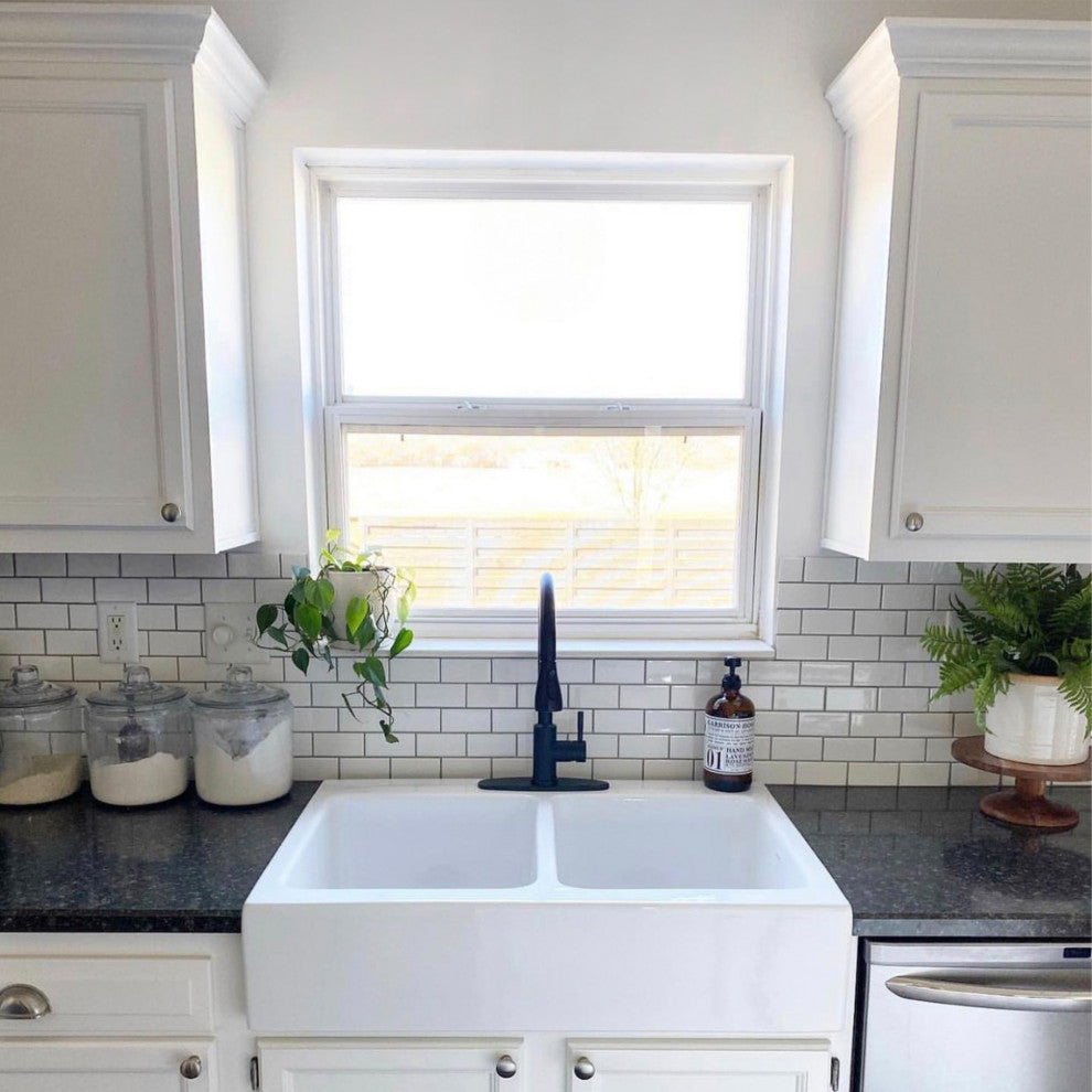 Parker White Fireclay 34"³ Double Bowl Quick-Fit Farmhouse Drop-in Kitchen Sink