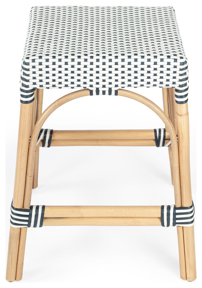 Robias Rectangular Rattan 24.5" Counter Stool, Navy and White