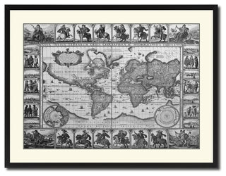 World Vintage Map Print On Canvas With Black Custom Frame, 28" X 37"
