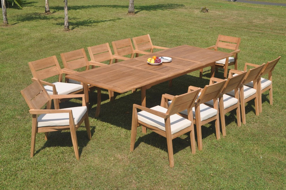 13-Piece Outdoor Teak Dining Set: 117" Rectangle Table, 12 Celo Stacking Chairs