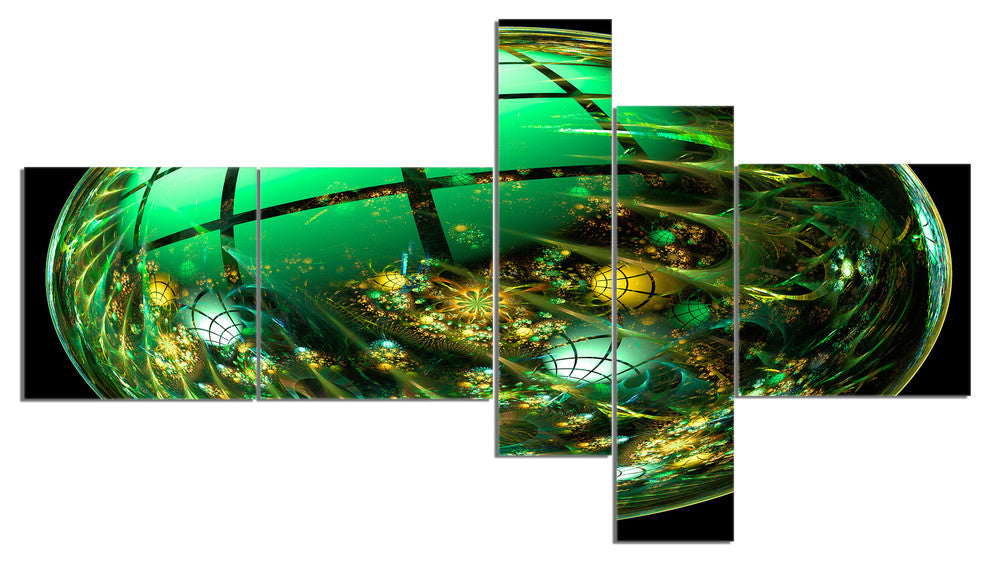 Bright Green Fractal Sphere, Abstract Canvas Art Print, 60"x32", 5 panels