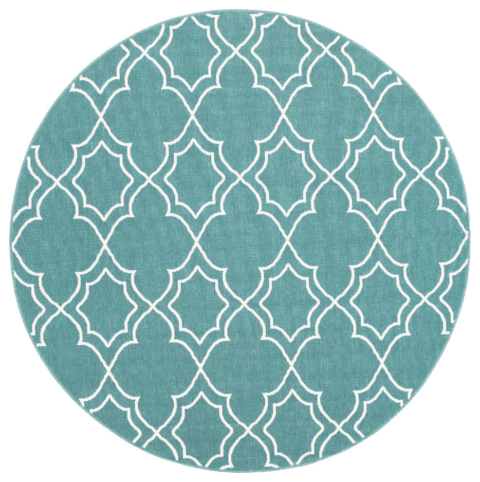 Alfresco Trellis Teal, White Area Rug, 7'3" Round