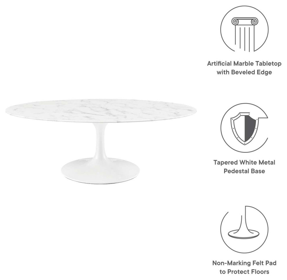 Modern White Tulip 48" Oval-Shaped Artificial Marble Coffee Table