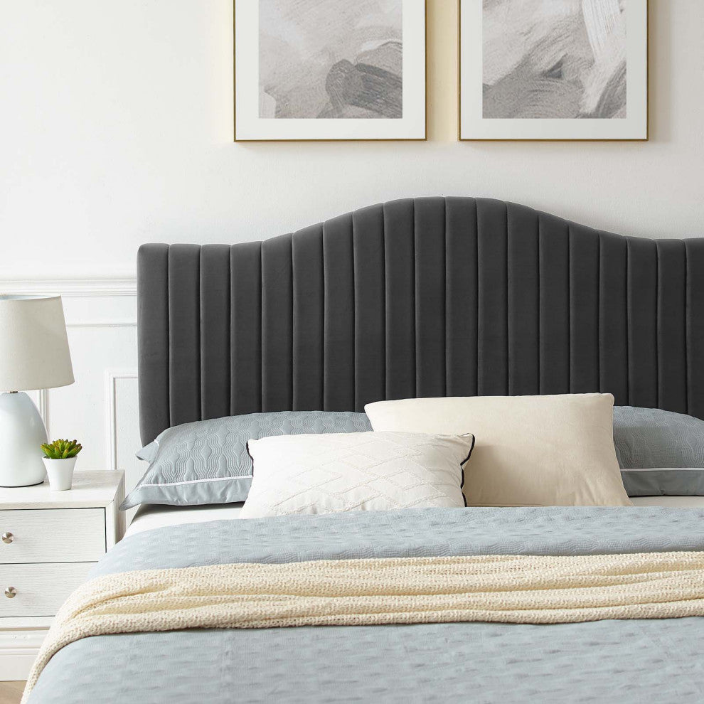 Tufted Platform Bed Frame, King Size, Velvet, Gray, Modern Contemporary