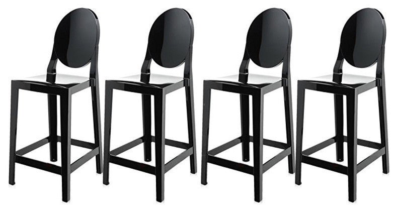 Designer Counter Height Stool With Solid High Back Side Chair Footrest, Black, Set of 4