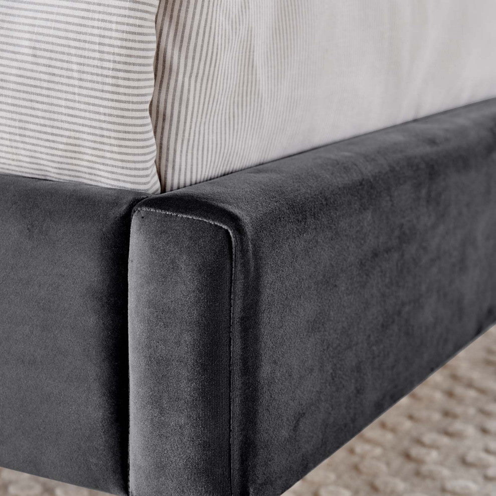 Platform Bed Frame, Queen Size, Charcoal Gray, Velvet, Modern, Guest Suite
