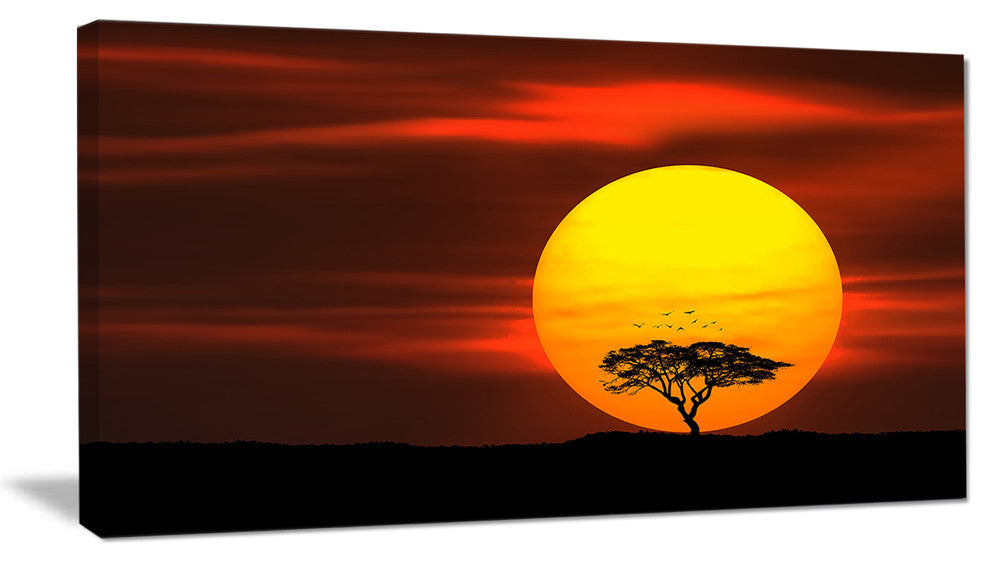 "Lonely Tree With Birds At Sunset" Extra Large Wall Art Landscape, 40"x20"