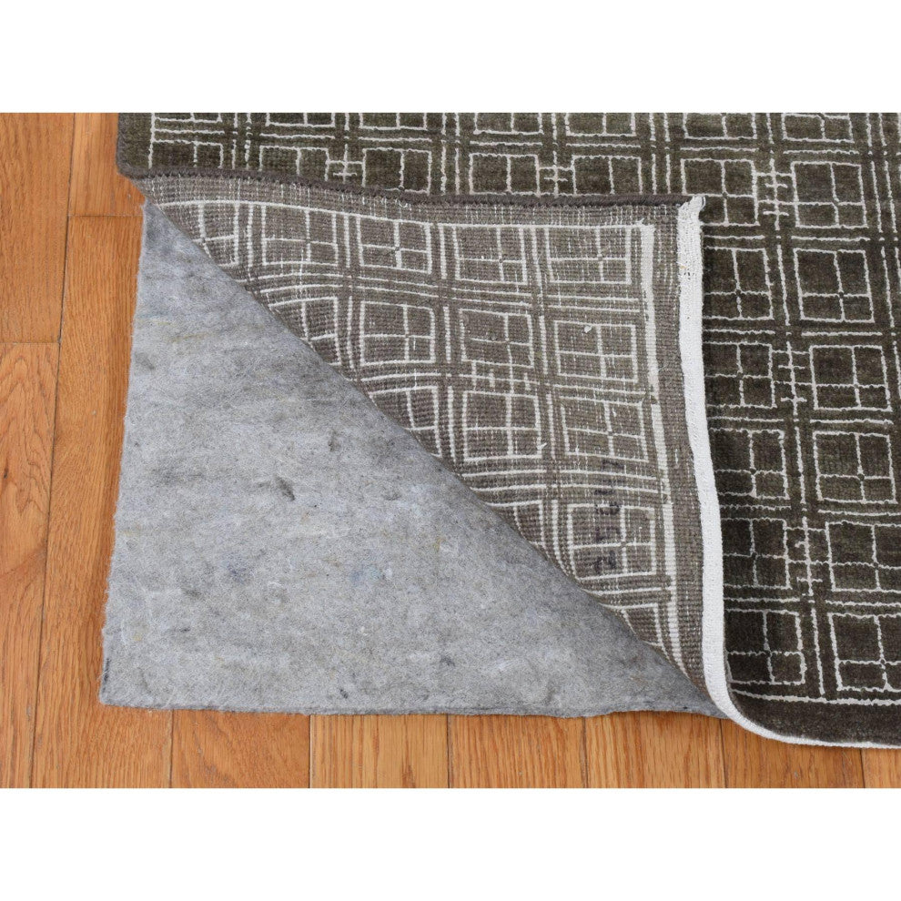 Chocolate Brown, Small Box Design, Wool and Silk, Hand Knotted, Rug, 8'1"x9'9"