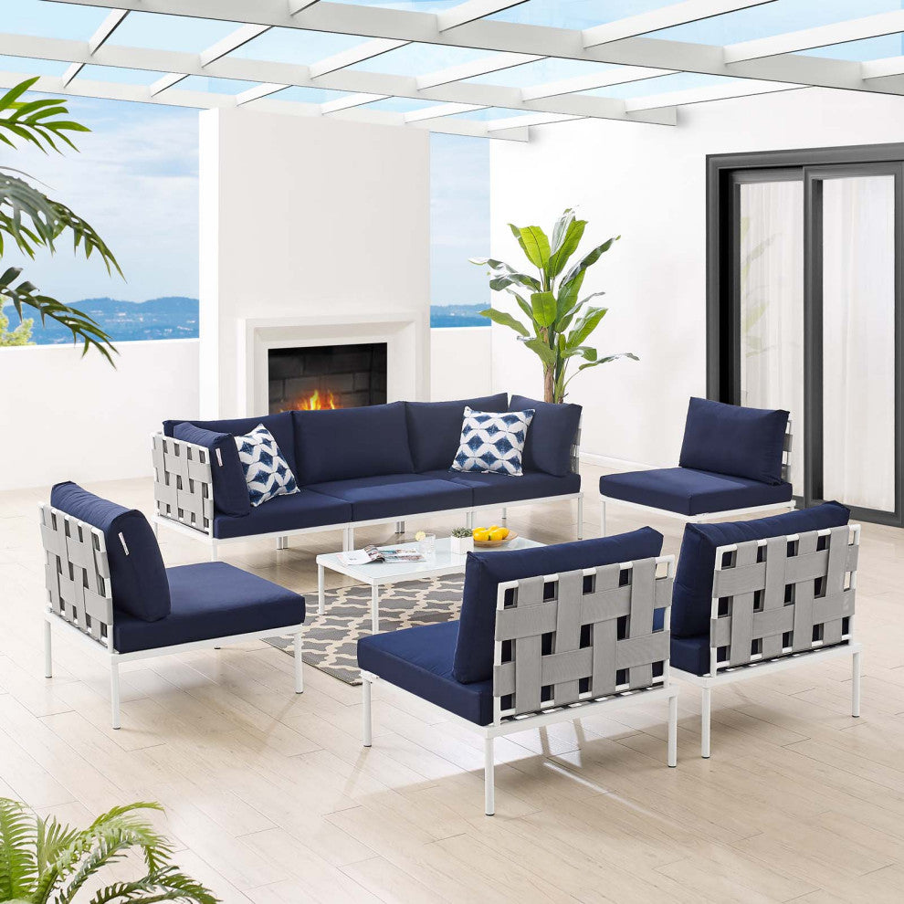 Sectional Sofa Chair Table Set, Sunbrella, Aluminum, Gray Blue Navy, Outdoor