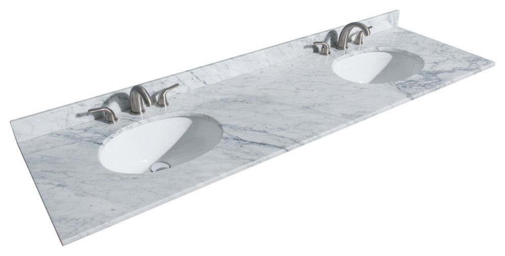 Deborah 72" White DBL Vanity, Carrara Marble Top, Oval Sinks, No Mirrors