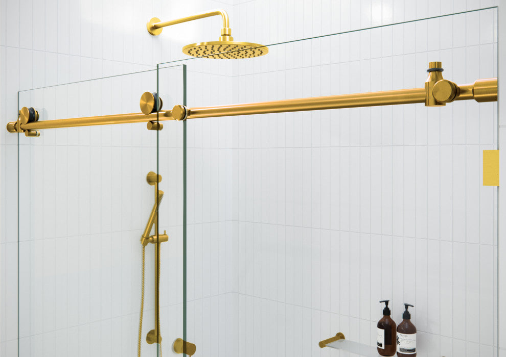 Equinox 60"x78" Frameless Glass Sliding Shower Door, Gray Tint, Satin Brass