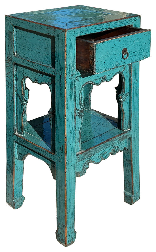 Distressed Gloss Teal Blue Pedestal Stand Side Table Chest