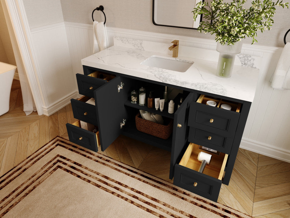 Nashville 60" Single Bathroom Vanity, Black 2" Calacatta Gold