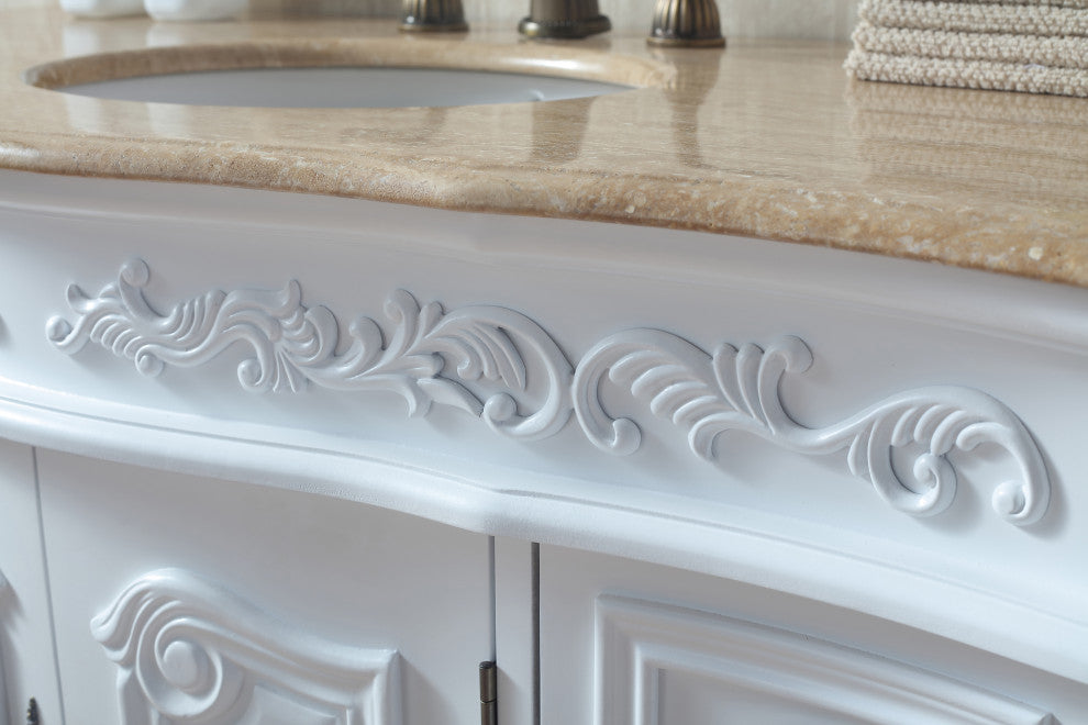 Cassandra 48" Single Sink Bathroom Vanity, White Cabinet, Travertine Marble Top