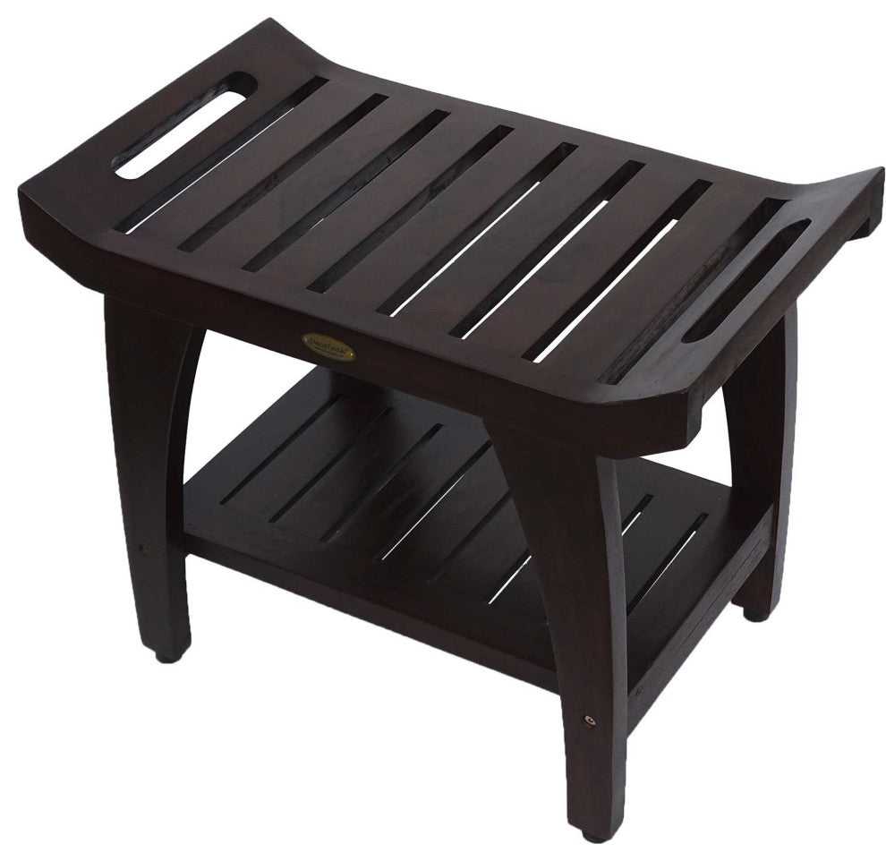 HomeRoots Contemporary Teak Shower Bench With Shelf and Handles, Brown Finish