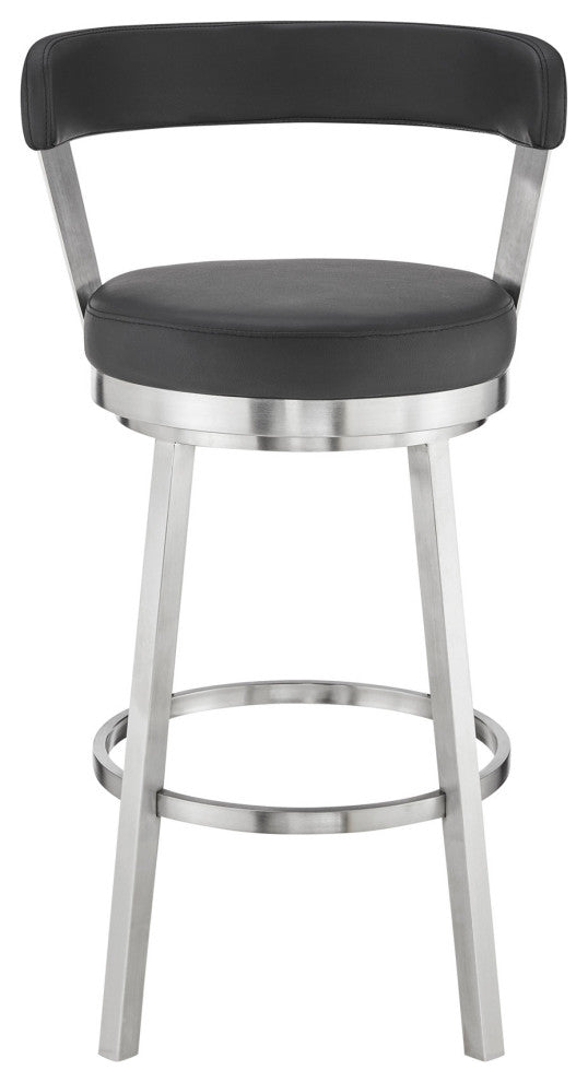 30" Chic Black Faux Leather With Stainless Steel Finish Swivel Bar Stool