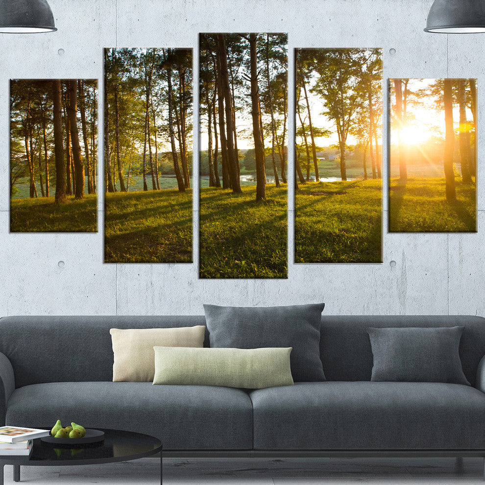 Bright Sunlight in Dense Forest, Large Landscape Canvas Art, 60"x32", 5 Panels