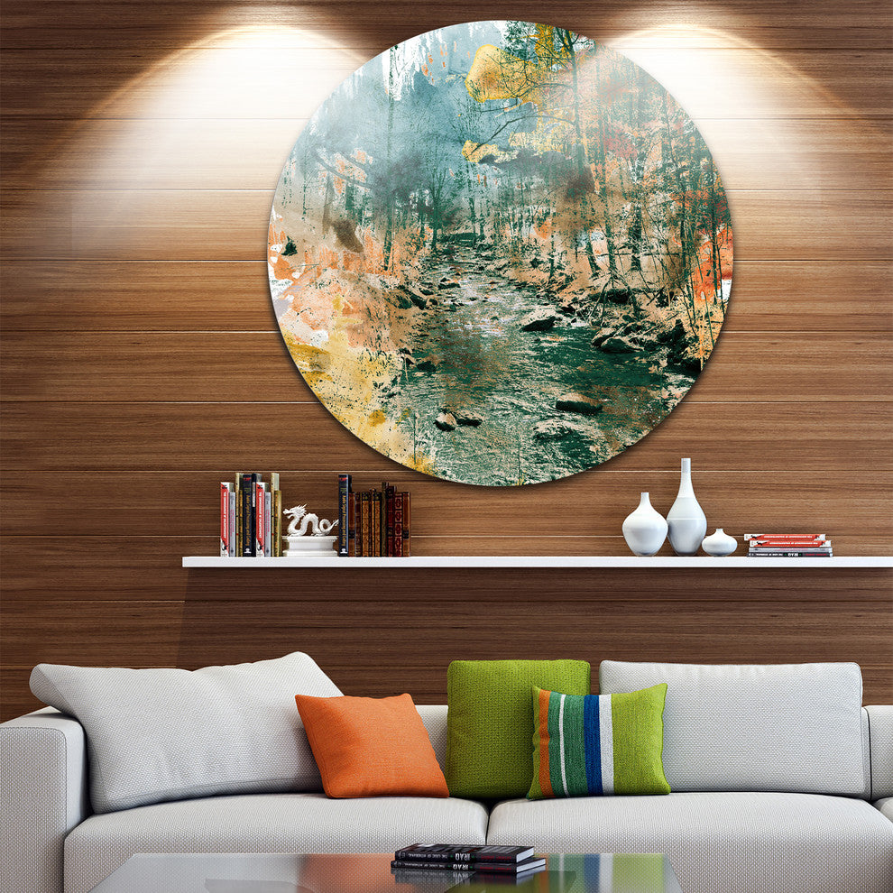 Rocky River, Landscape Painting Round Metal Wall Art, 23"