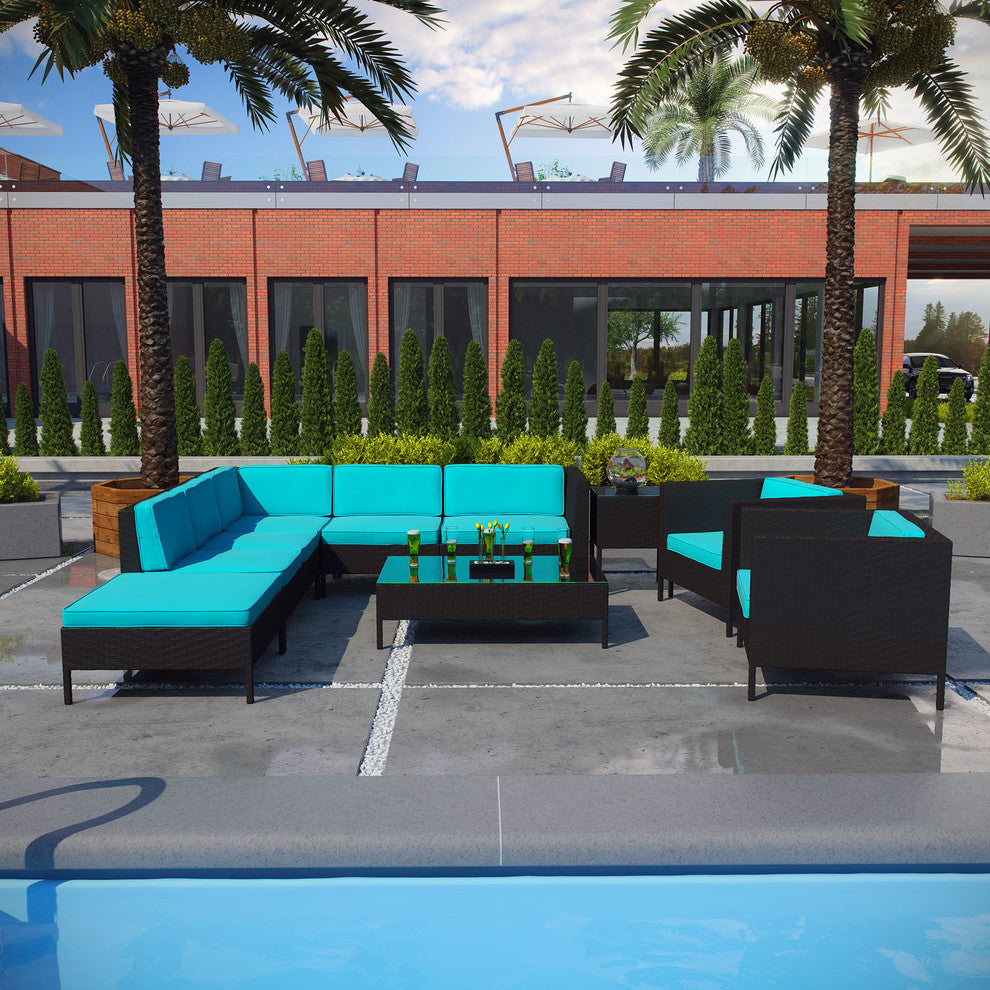 Modern Urban Outdoor Patio Rattan and Wicker Jolla 9-Piece SetSectional Set