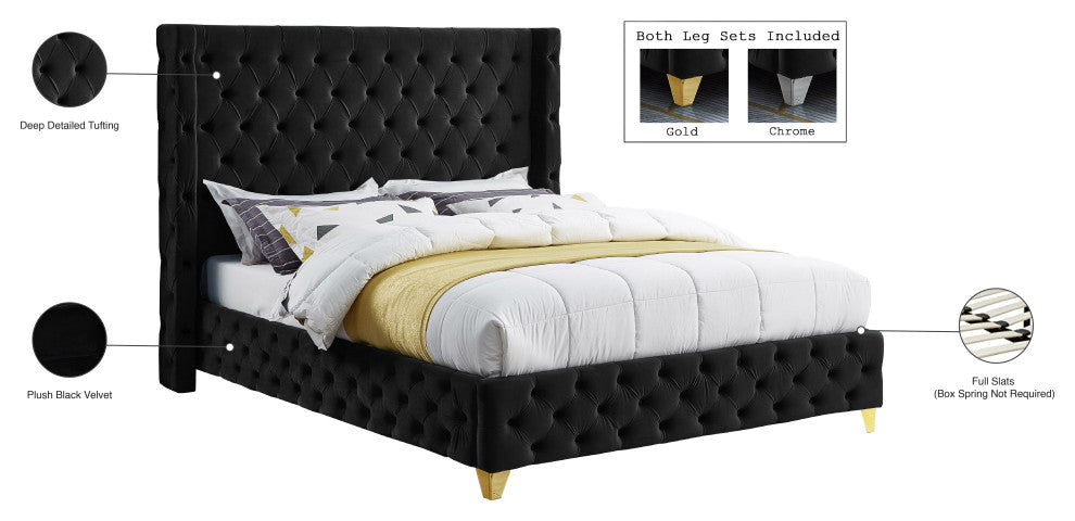 Savan Velvet Upholstered Bed, Black, Full