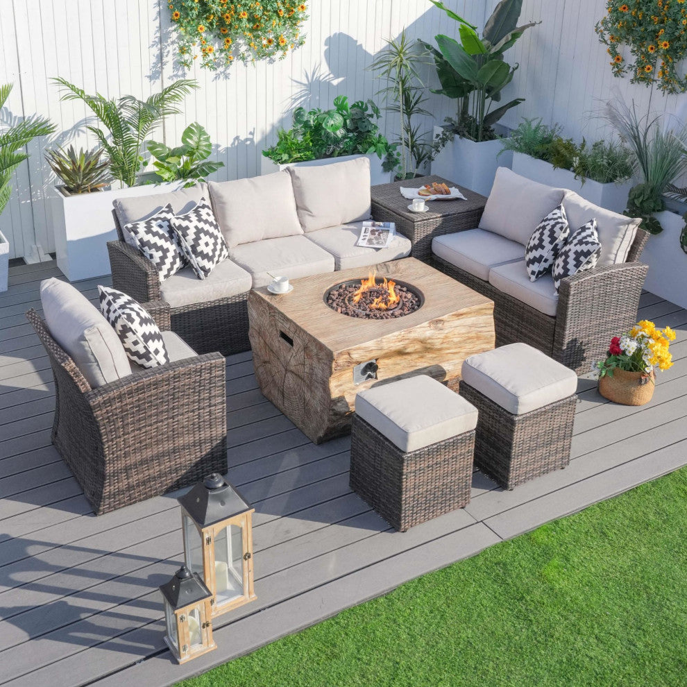 7-piece Patio Wicker Garden Chat Sofa Set with Fire pit and Storage Box, Rectangle