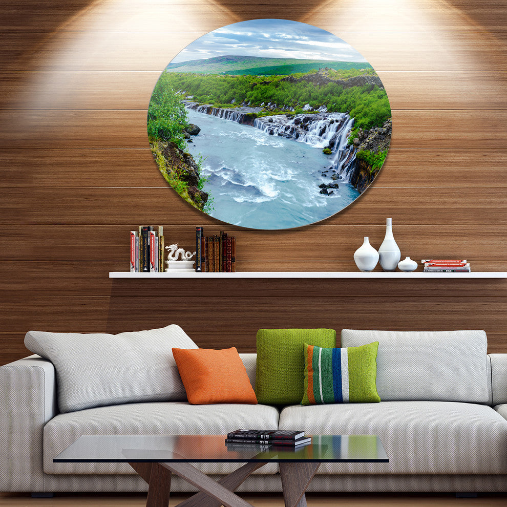 Hraunfossar Waterfall Iceland, Modern Landscape Round Wall Art, 36"