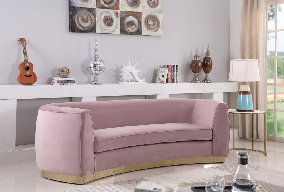 Julian Velvet Upholstered Sofa, Pink, Gold Base