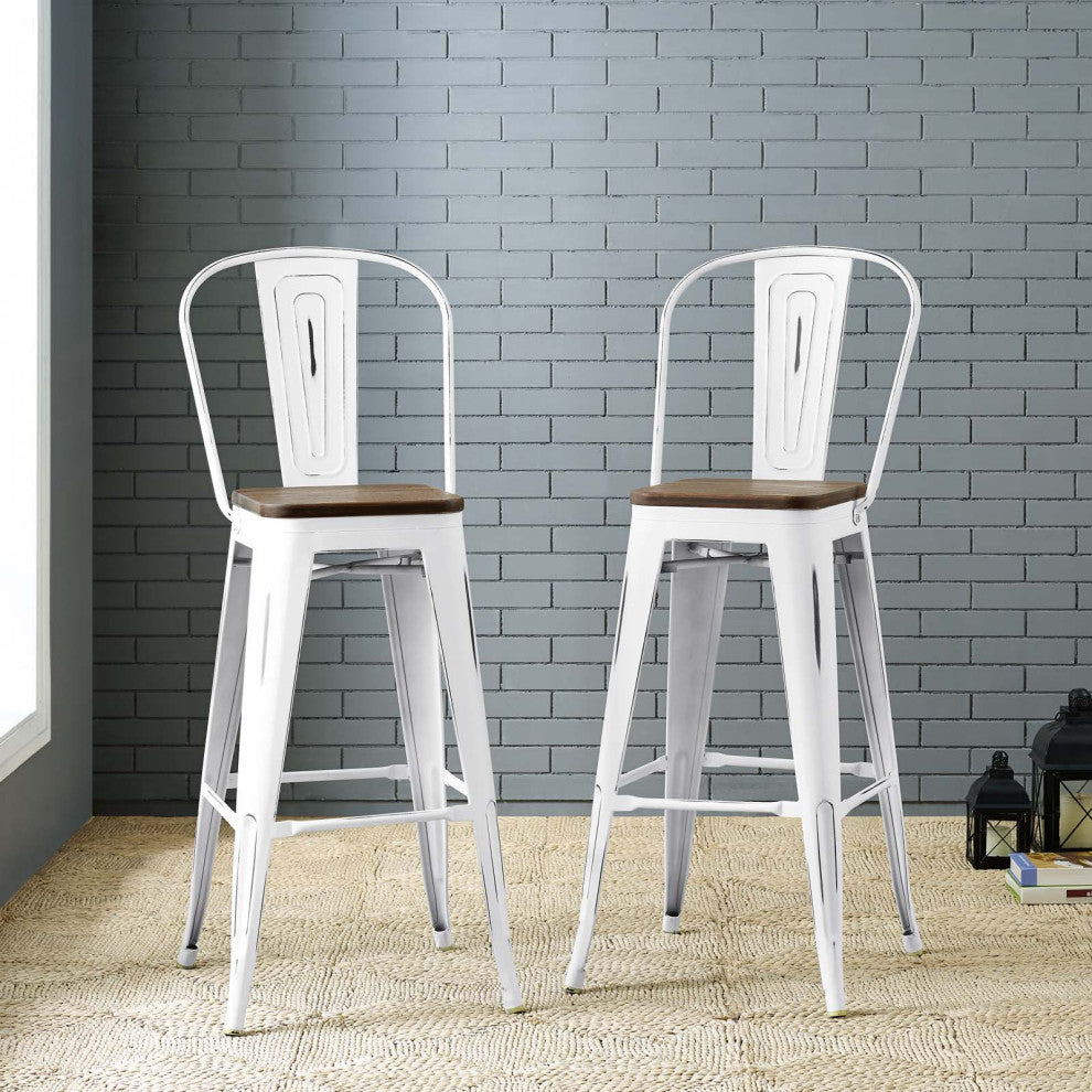 Bar Stool Chair Barstool, Set of 2, Wood, Metal, White, Modern, Bar Pub Bistro