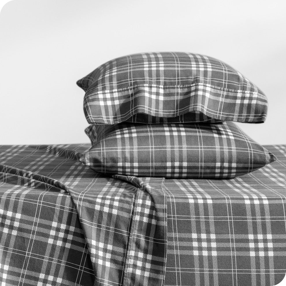 Bare Home Cotton Flannel Sheet Set, Stirling Plaid - Gray/White, Full