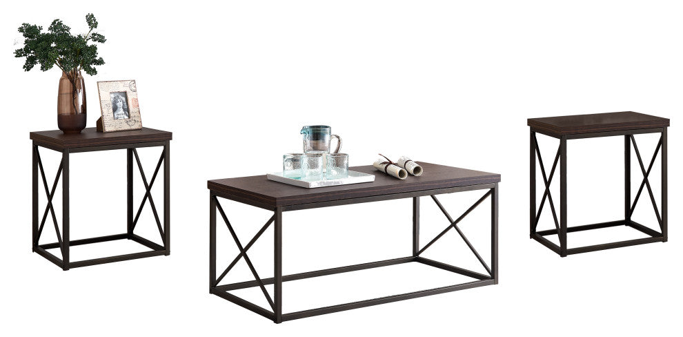 Elantra 3 Piece Coffee Table Set, Brown Wood Top and Pewter Metal Frame