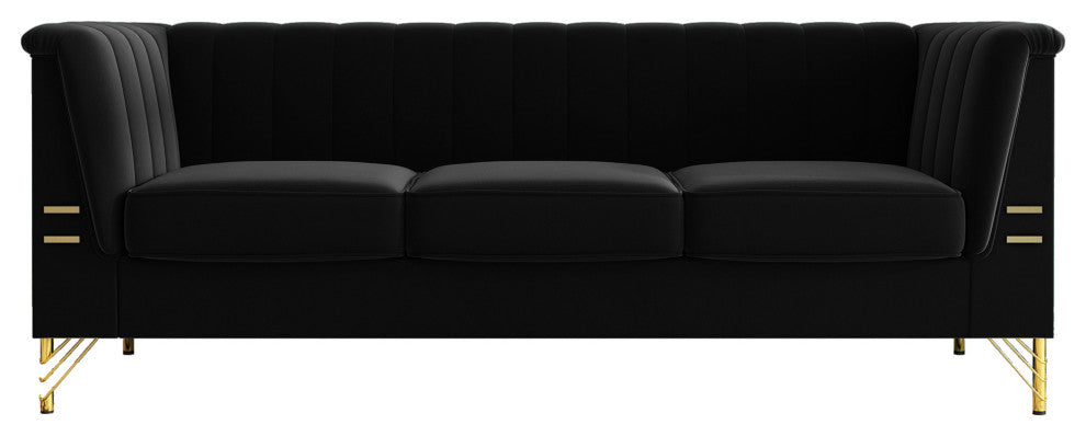 83.4'' Tuxedo Velvet Arm Sofa with Gold Leg, Black