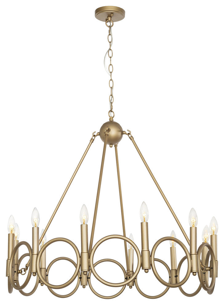 12 Light Wagon Wheel Candle Style Chandelier, Brass Dust