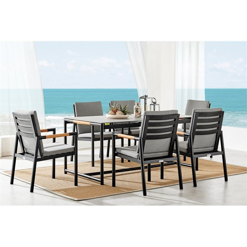 Crown 7-Piece Black Aluminum and Teak Outdoor Dining Set With Dark Gray Fabric