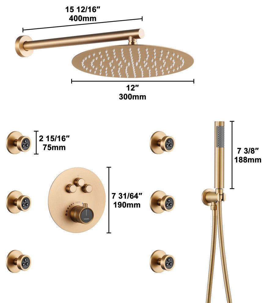 12" Luxury Rainfall Shower System with 3 Way Thermostatic Faucet, Brushed Gold
