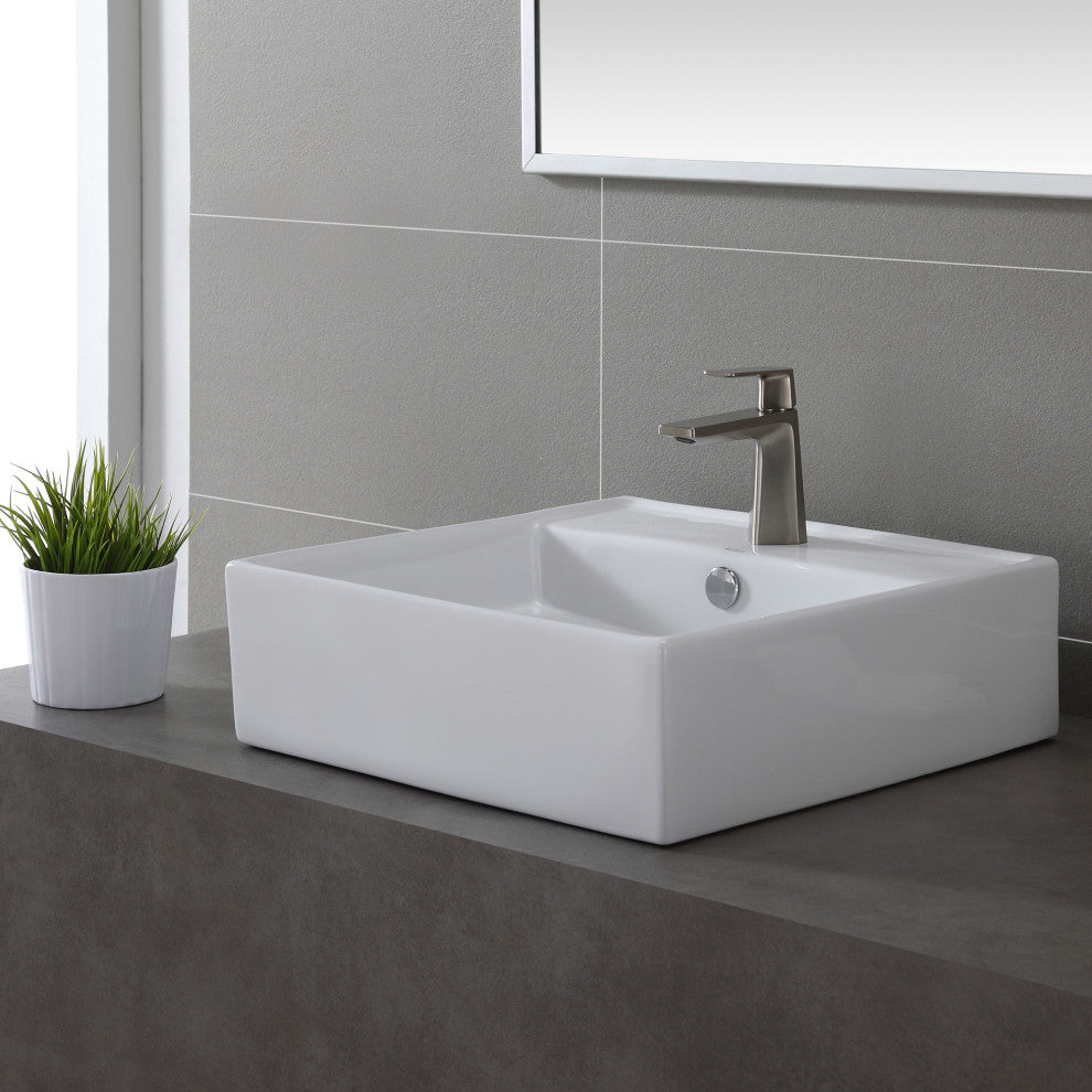 Elavo Ceramic Square Vessel White Sink, Overflow Drain Satin Nickel