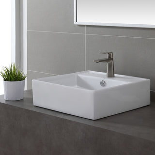 Elavo Ceramic Square Vessel White Sink, Overflow Drain Satin Nickel