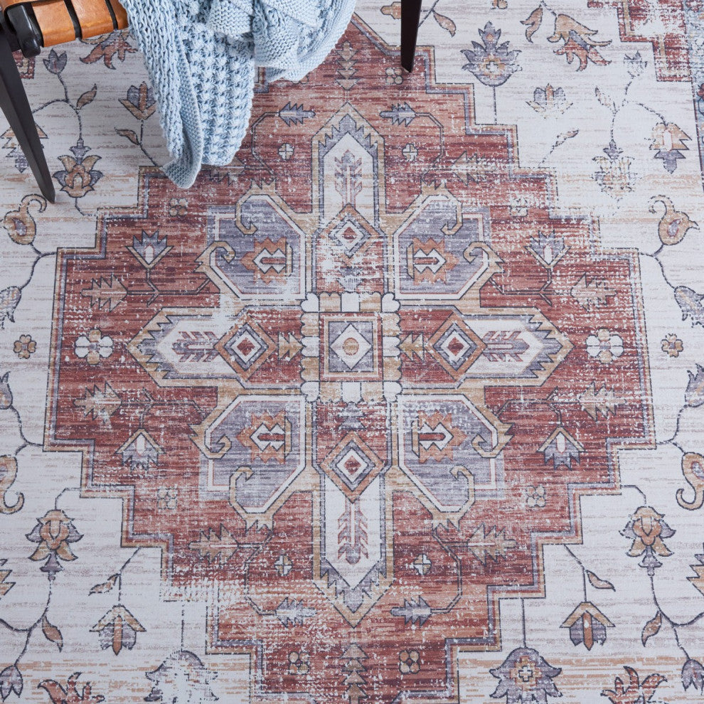 Safavieh Couture Tucson Collection, TSN109 Machine Washable Rug, Ivory / Rust, 6' Square
