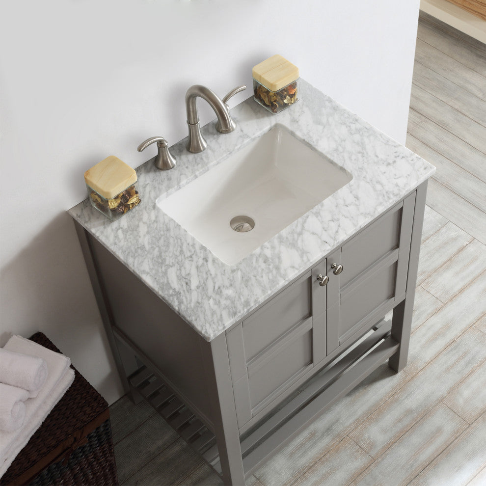 30" Single Vanity in Grey with Carrara White Marble Countertop Without Mirror