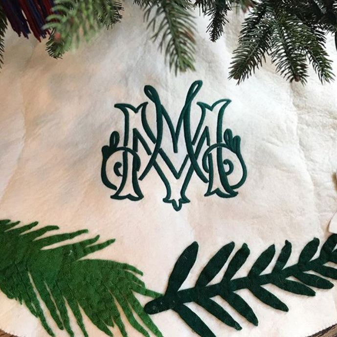 Handmade Christmas Tree Skirt, Felt Greenery on Cream