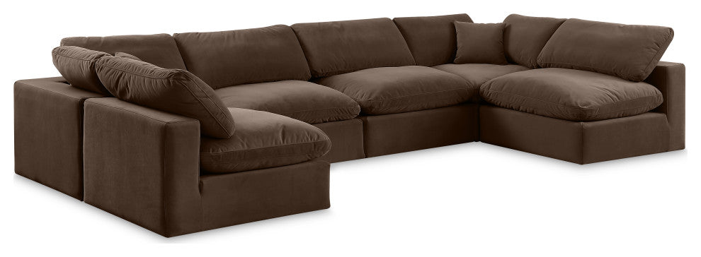 Comfy Upholstered U-Shaped Modular Sectional, Brown, 6-Piece: 4 Armless Chair, 2 Corner Chair, Velvet