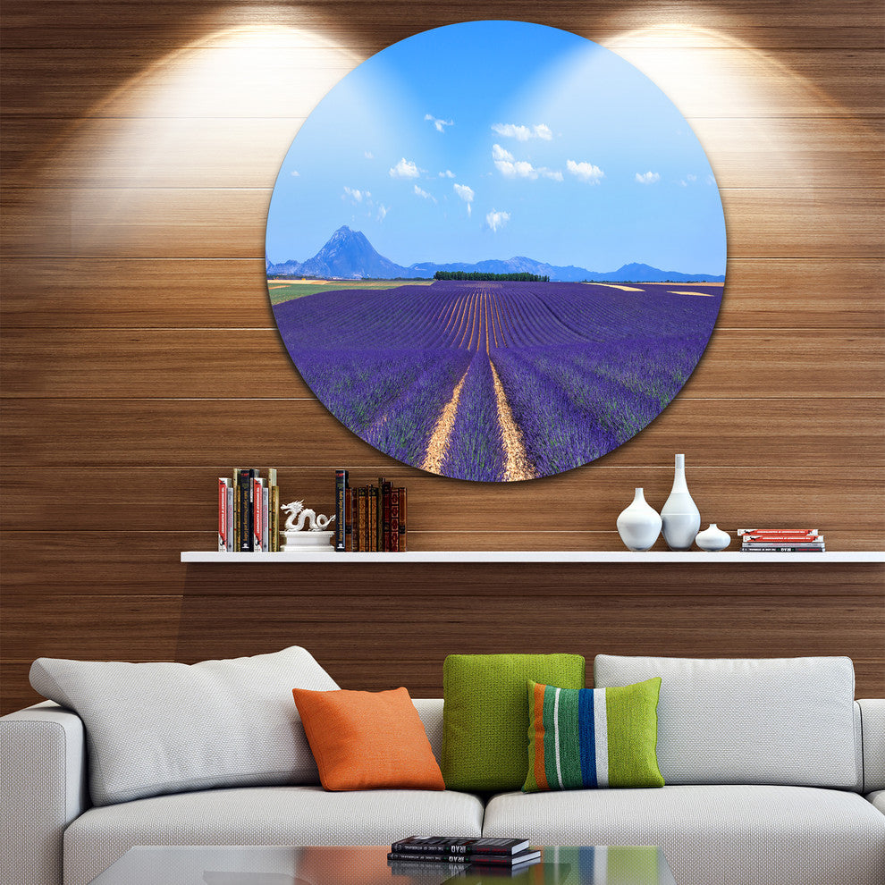 Lavender Blooming Fields And Trees, Landscape Disc Metal Wall Art, 36"