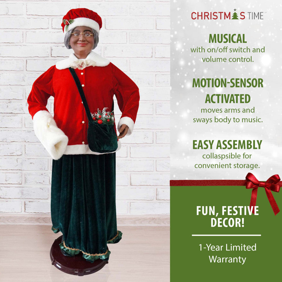 58" African American Dancing Mrs. Claus With Faux-Fur Hand Muff, Home Decor