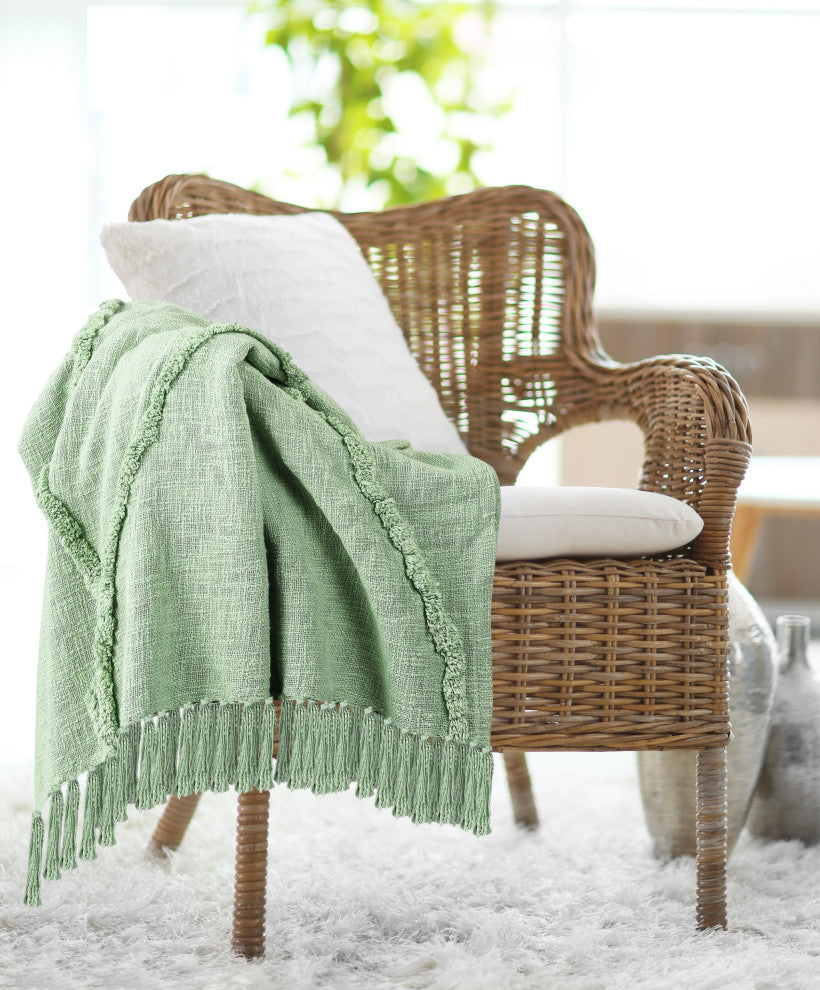 Bohemian Basics Decorative Diamond Tufted Cotton Throw Blanket, Light Green