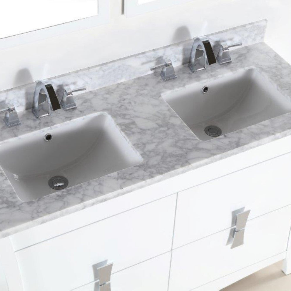 48" Double Sink Vanity, White With White Carrara Top