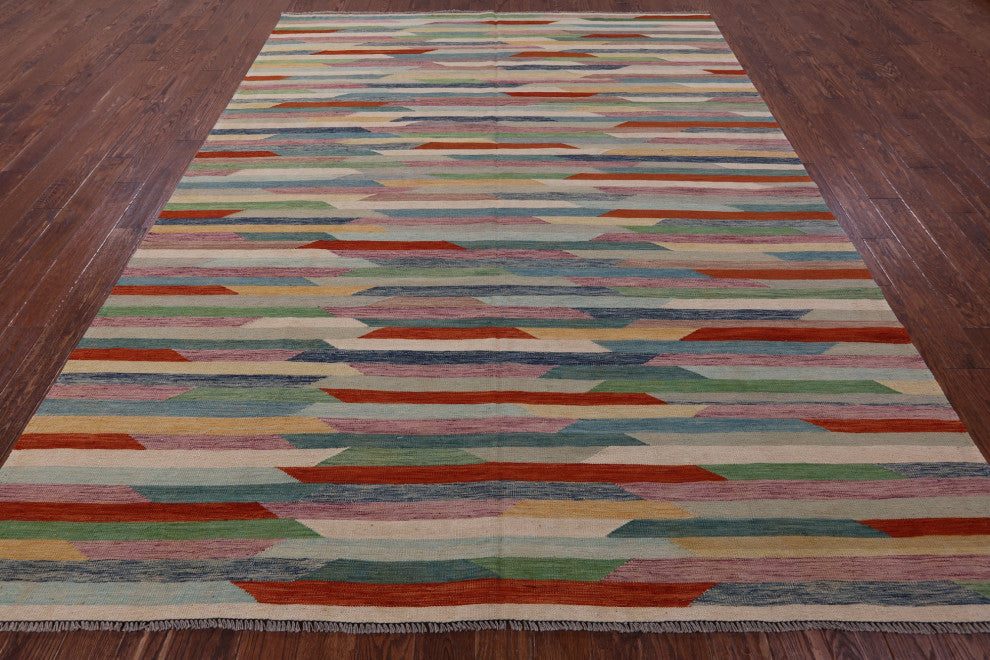8' 7" X 11' 3" Reversible Kilim Flat Weave Wool On Wool Rug - Q12592