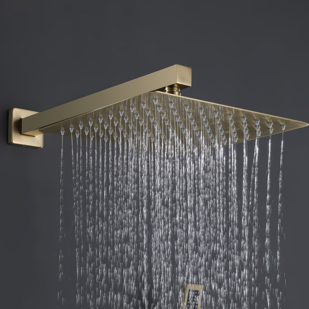 10-12 Inch High Pressure Shower Head Stainless Steel Ultra-Thin Rain Showerheads, Brushed Gold, 12 Inches, Square