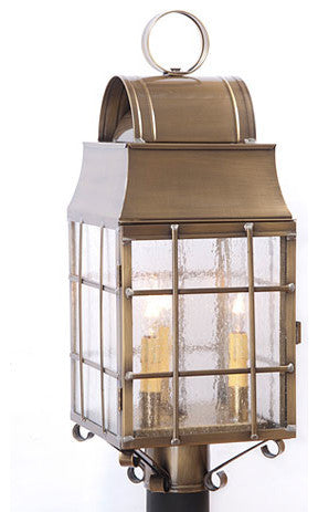 Outdoor Colonial Post Lantern With Handmade Bars, Weathered Brass