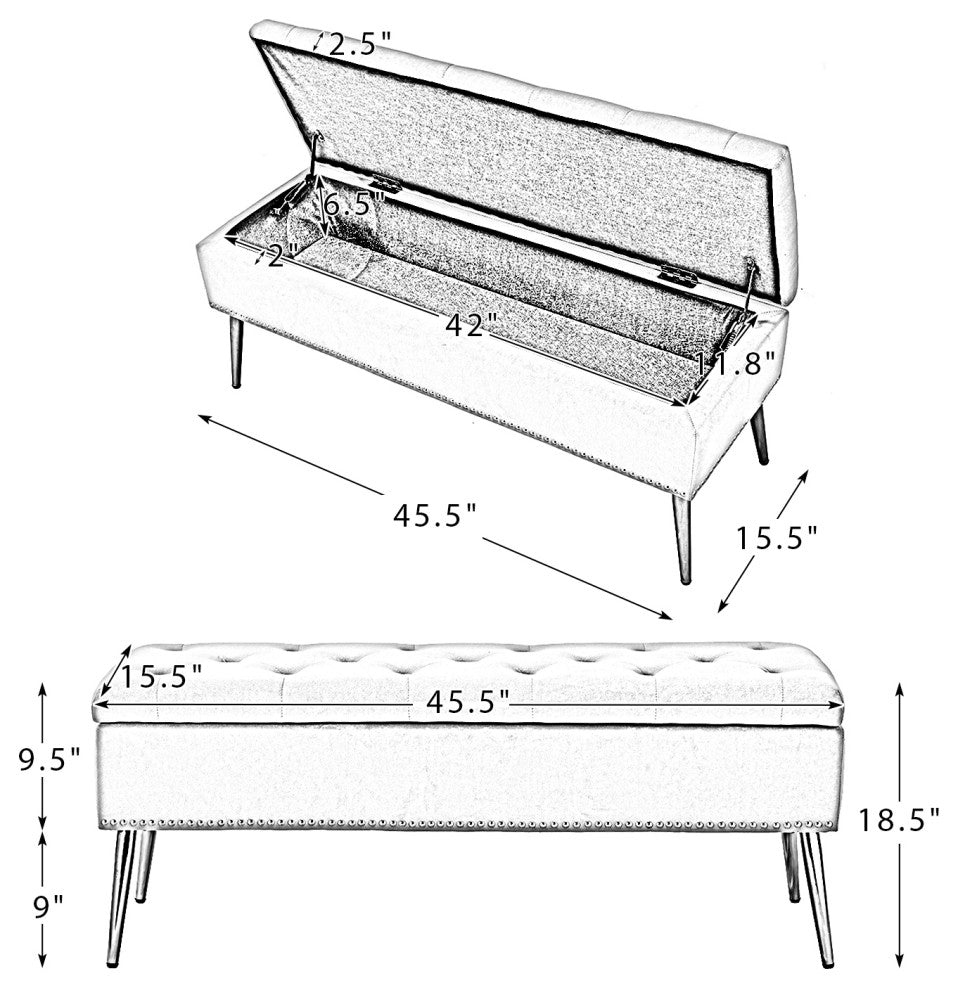 Button-tufted Storage Bench with Nailhead Trim, Mustard