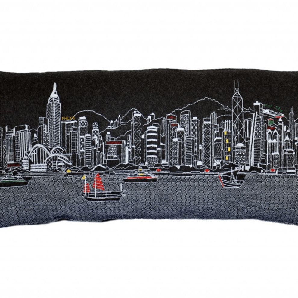 35" Black Hong Kong Nighttime Skyline Lumbar Decorative Pillow